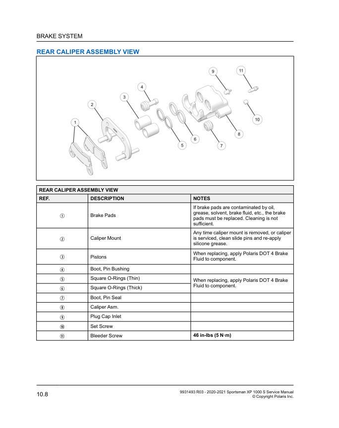 Polaris Sportsman XP 1000 ATV Service Manual sample page with service data and tables
