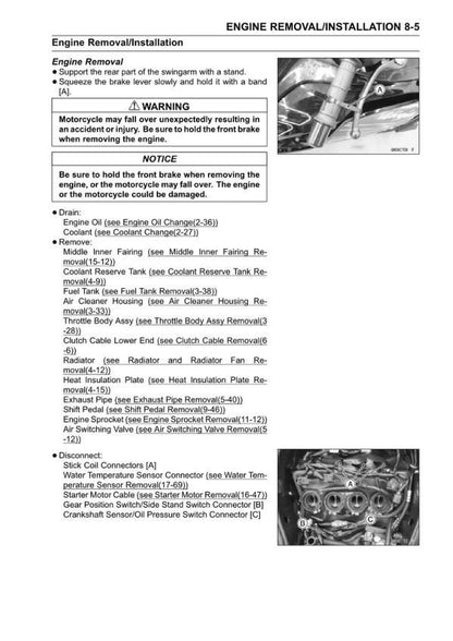 Kawasaki Ninja ZX-6R Motorcycle Service Manual sample page with diagrams and specifications