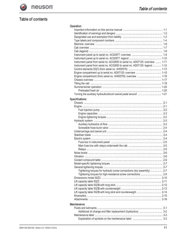 Wacker Neuson 50 Z3 6003 Track Excavator Service Manual table of contents