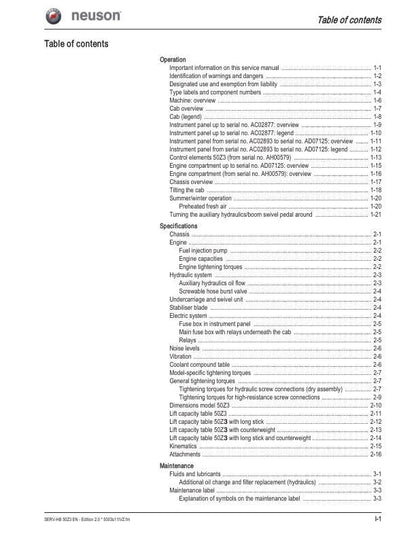 Wacker Neuson 50 Z3 6003 Track Excavator Service Manual table of contents