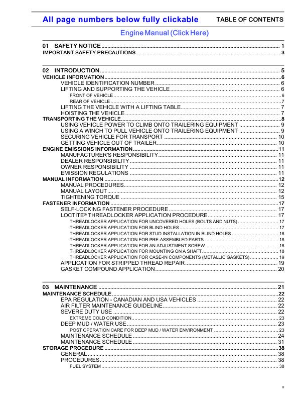 Can-Am Maverick HD7 700 UTV Service Manual table of contents