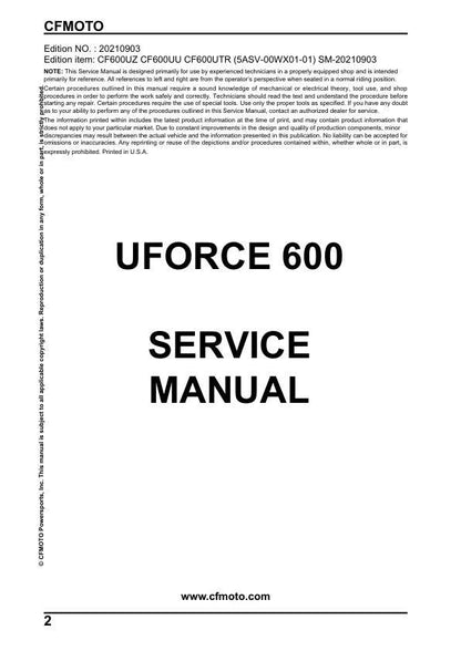 CFMOTO UFORCE 600 UTV Service Manual factory service manual title page
