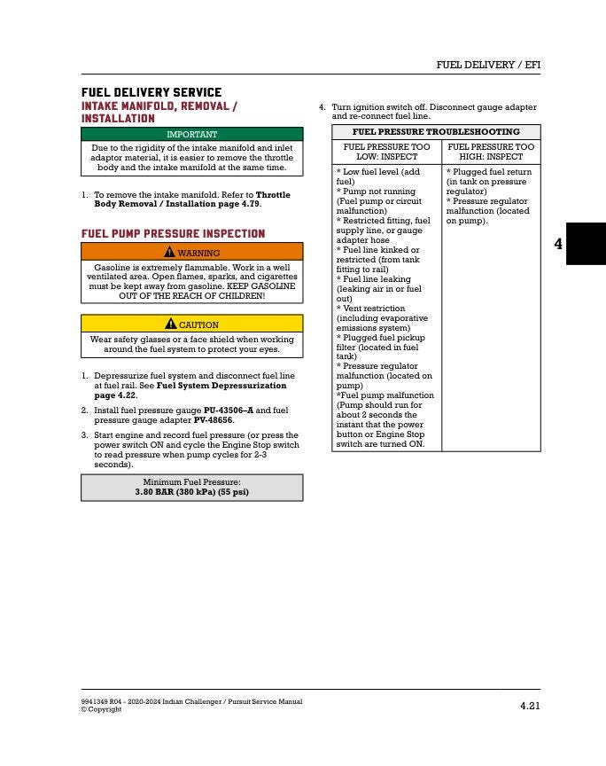 Indian Challenger / Pursuit Motorcycle Service Manual sample page showing repair procedures