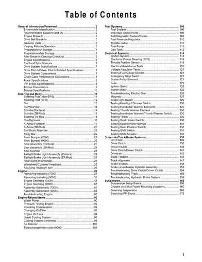 Arctic Cat ZR Riot Pantera Thundercat 7000 9000 Snowmobile Service table of contents