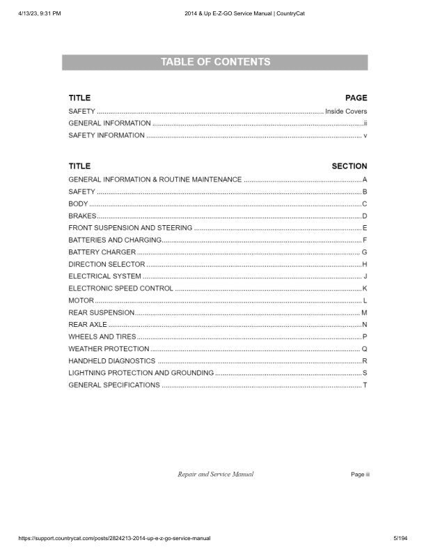 EZGO TXT Electric Golf Cart Service Manual table of contents