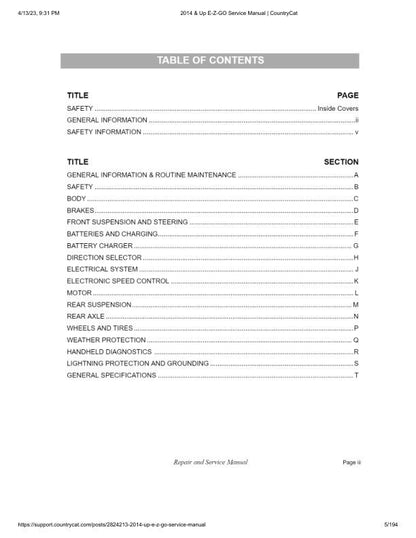 EZGO TXT Electric Golf Cart Service Manual table of contents