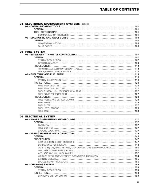 Sea-Doo GTI GTR Service Manual sample page with diagrams and specifications