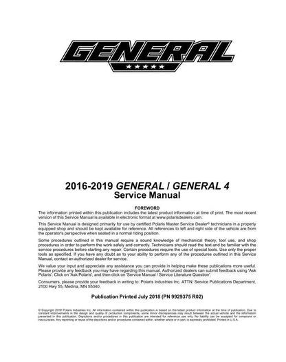 Polaris General 1000 UTV Service Manual table of contents