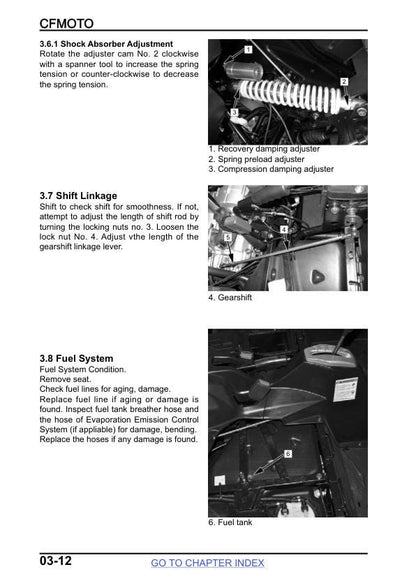 CFMOTO XFORCE 800 UTV Service Manual sample page with service data and tables