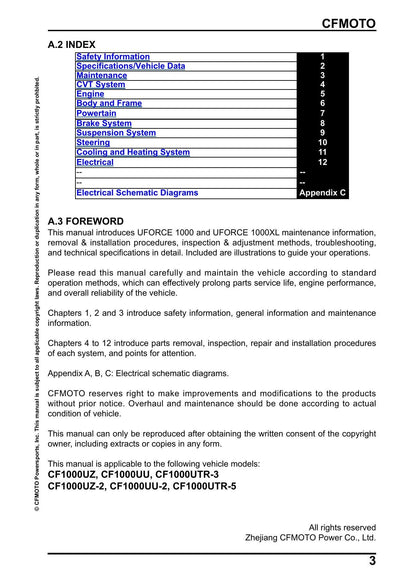 CFMOTO UFORCE U10 1000 UTV Service Manual table of contents