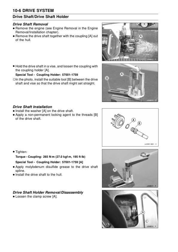 Kawasaki JetSki Ultra 300X 300LX Service Manual sample page with service data and tables