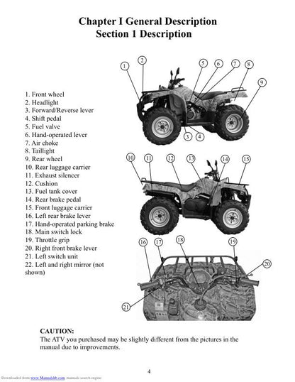 Baja Wilderness Trail WD400U ATV Service Manual sample page with diagrams and specifications