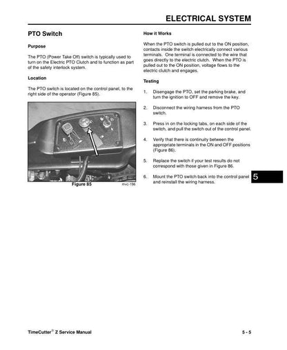 Toro Lawnboy Timecutter Z Series Precision Mower Service Manual sample page with service data and tables