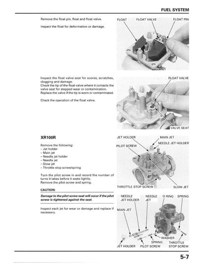 Honda XR80R XR100R Motorcycle Service Manual sample page with technical illustrations