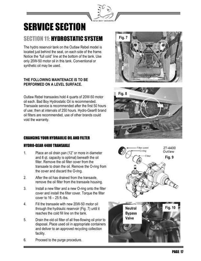 Badboy Rebel Outlaw Zero Turn Mower Service Manual sample page with diagrams and specifications