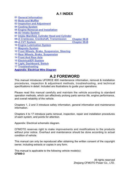 CFMOTO UFORCE 800 UTV Service Manual table of contents