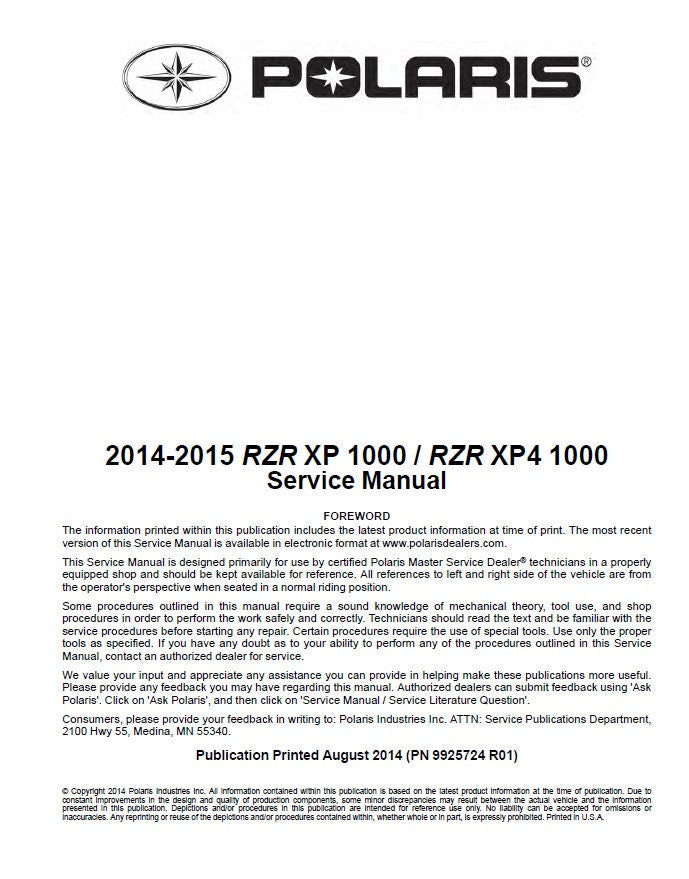 Polaris RZR 1000 XP XP4 UTV Service Manual factory service manual title page