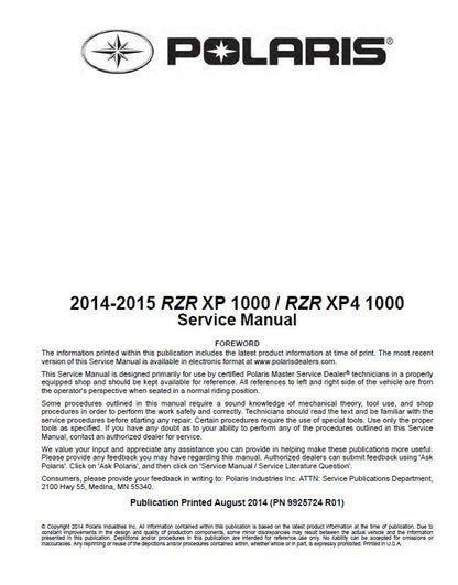 Polaris RZR 1000 XP XP4 UTV Service Manual factory service manual title page