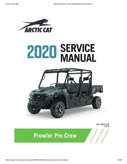 Arctic Cat Prowler Pro CREW UTV Service Manual factory service manual title page