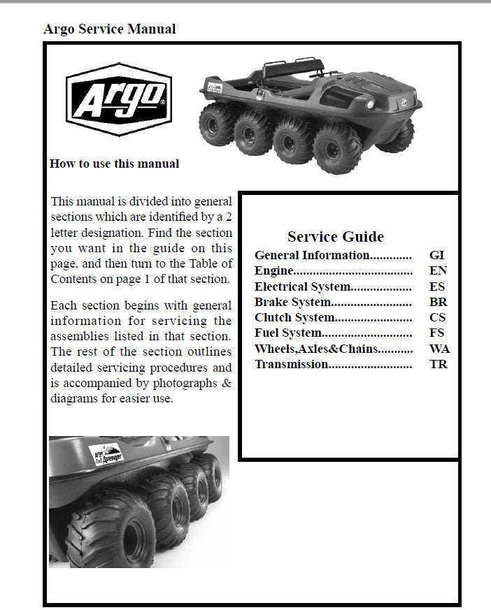 Argo Avenger HDI UTV Service Manual table of contents
