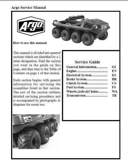 Argo Avenger HDI UTV Service Manual table of contents