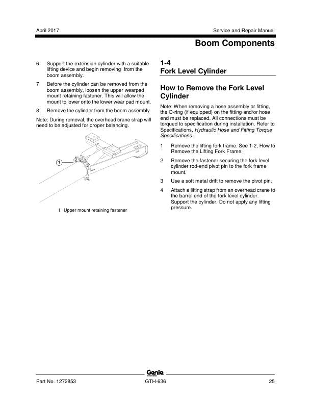 Genie GTH 636 Telehandler Service Manual sample page showing repair procedures