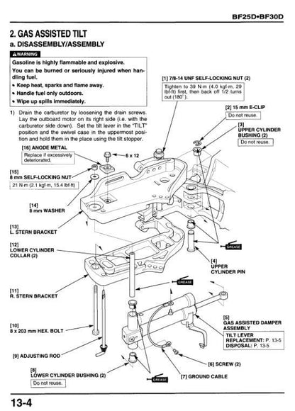 Honda BF25D BF30D Outboard Service Manual sample page with service data and tables