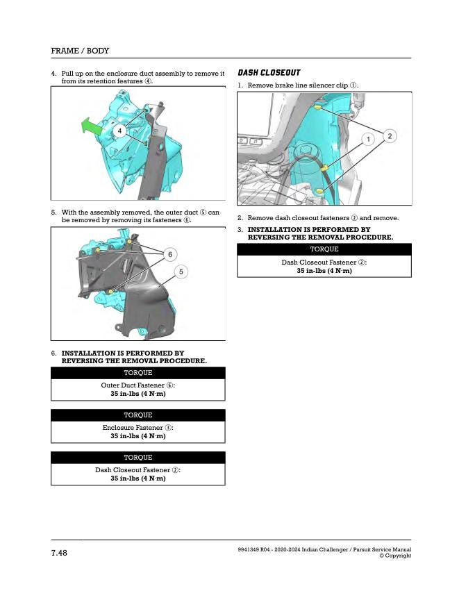 Indian Challenger / Pursuit Motorcycle Service Manual sample page with service data and tables