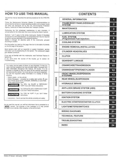 Honda VFR800/A Interceptor Motorcycle Service Manual table of contents