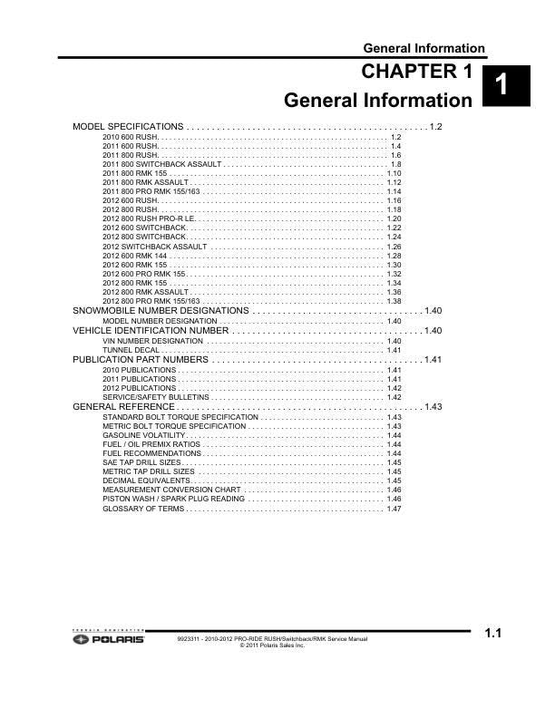 Polaris RUSH 600 800 Snowmobile Service Manual table of contents