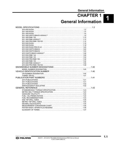 Polaris RUSH 600 800 Snowmobile Service Manual table of contents