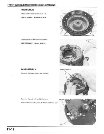 Honda XR80R XR100R Motorcycle Service Manual sample page with service data and tables