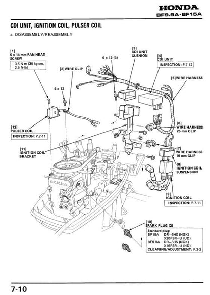 Honda BF9.9A BF15A Outboard Service Manual sample page with technical illustrations