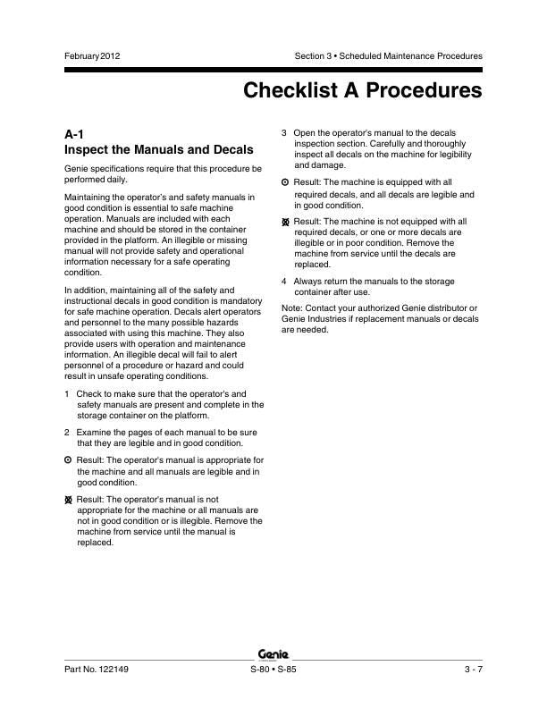 Genie S80 S85 Telescopic Boom Lift Service Manual sample page from service manual