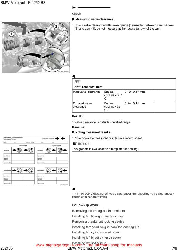 BMW R1250 RS K54 /11 Motorcycle Service Manual sample page with diagrams and specifications
