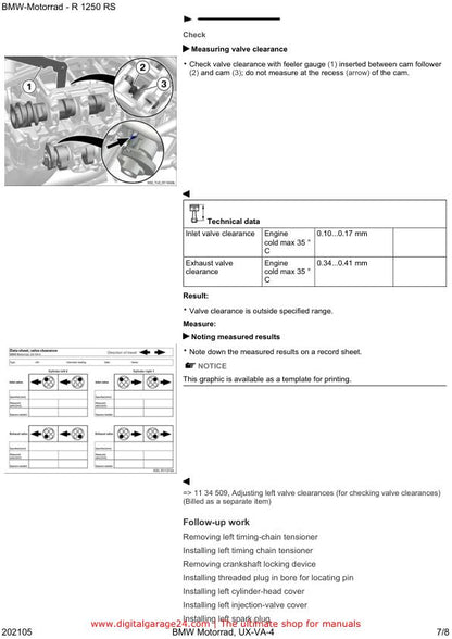 BMW R1250 RS K54 /11 Motorcycle Service Manual sample page with diagrams and specifications