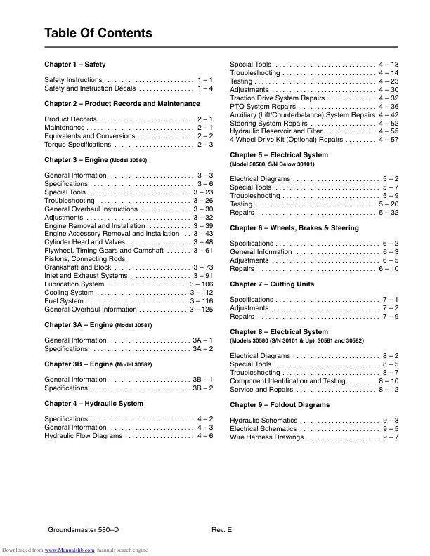 Toro Groundsmaster 580 D Mower Service Manual table of contents