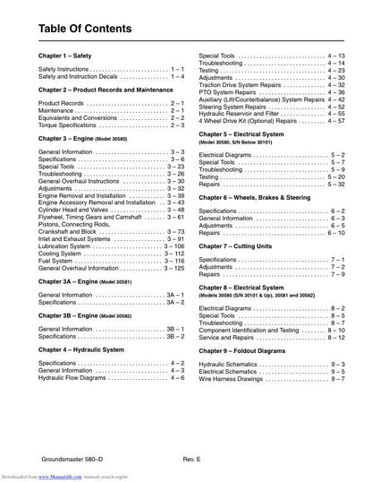 Toro Groundsmaster 580 D Mower Service Manual table of contents