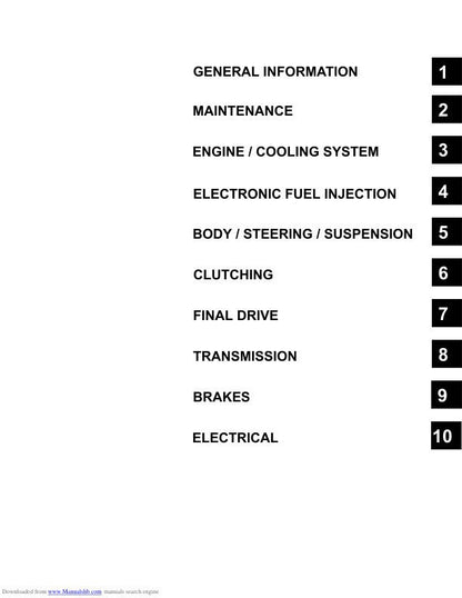 Polaris RZR 170 UTV Service Manual table of contents