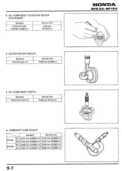 Honda BF9.9A BF15A Outboard Service Manual sample page with diagrams and specifications