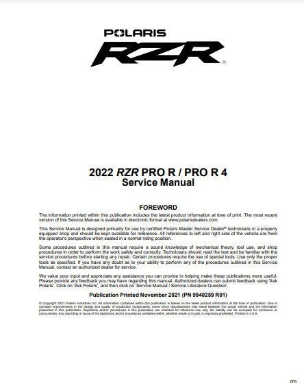 Polaris RZR Pro R UTV Service Manual factory service manual title page