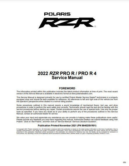 Polaris RZR Pro R UTV Service Manual factory service manual title page
