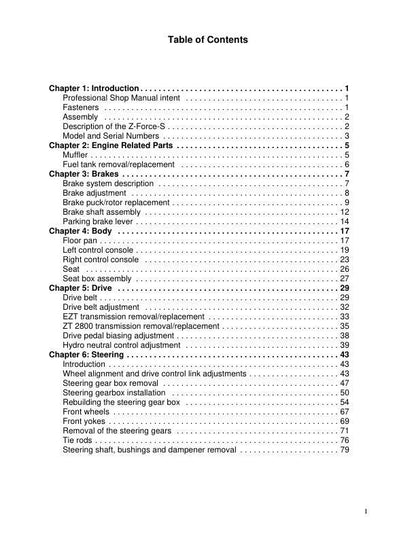 Cub Cadet Z Force S Mower Service Manual table of contents