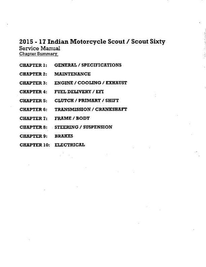 Indian Scout Motorcycle Service Manual table of contents