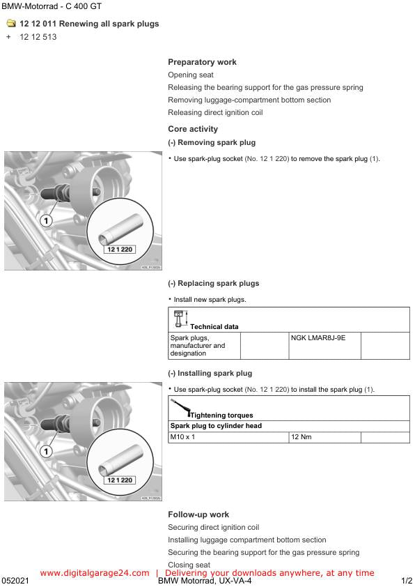 BMW C400 GT K08 Motorcycle Service Manual sample page with diagrams and specifications