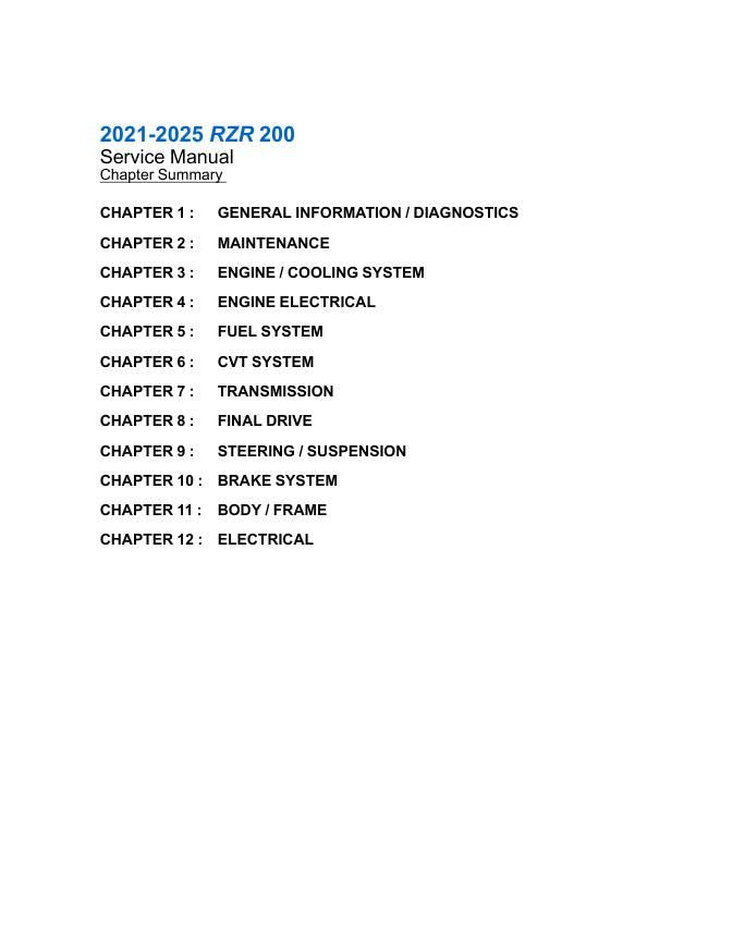 Polaris RZR 200 UTV Service Manual table of contents