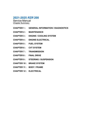 Polaris RZR 200 UTV Service Manual table of contents