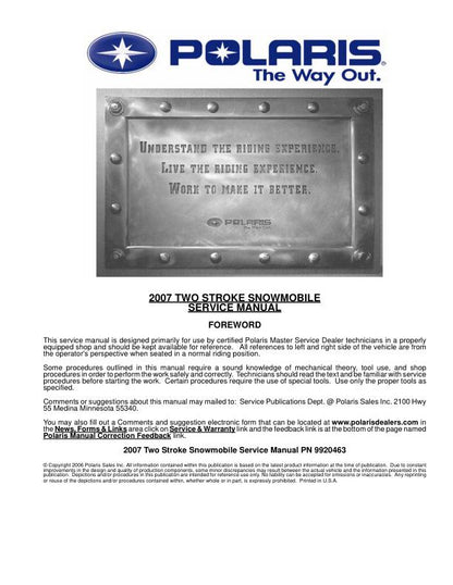 Polaris RMK Switchback Touring Dragon Snowmobile Service Manual factory service manual title page