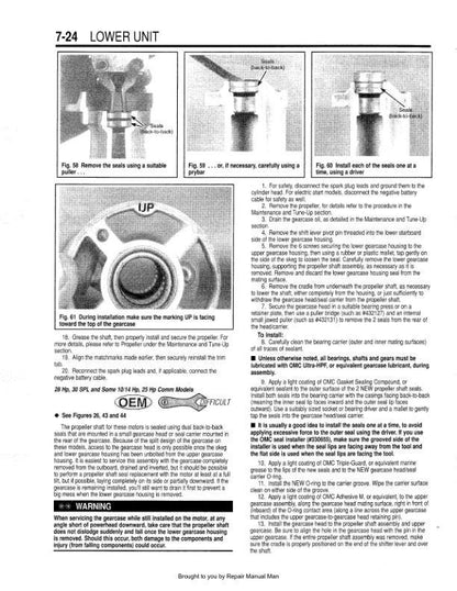 Johnson Evinrude 1.25 - 70 HP Outboard Service Manual sample page with service data and tables