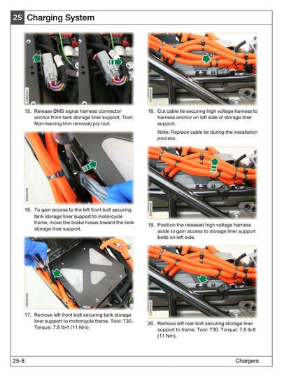 Zero SRS Electric Motorcycle Service Manual sample page with diagrams and specifications